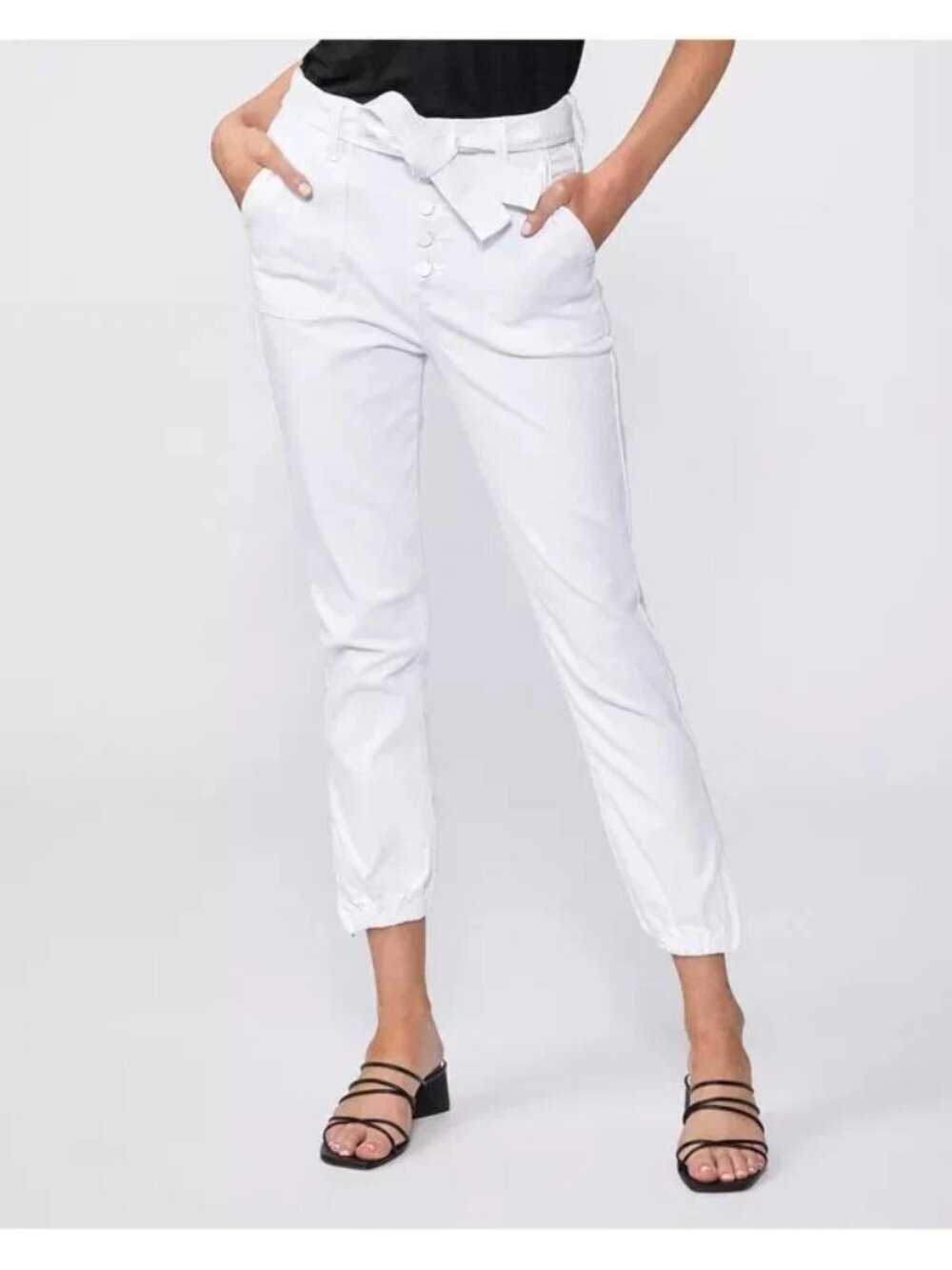 Paige Mayslie Jogger Jeans Tie Waist High Rise Zip Ankle Crisp White 34 EUC MINT